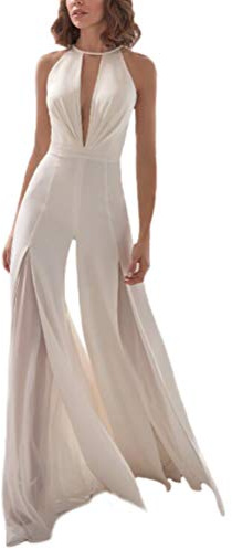 Monos Mujer Elegante Sin Mangas Playsuit Cuello En V Profundo Boda Fiesta Traje Pantalón Único con Encaje Largos Mono Pantalones Anchos Fiesta De Noche (Blanco,M)