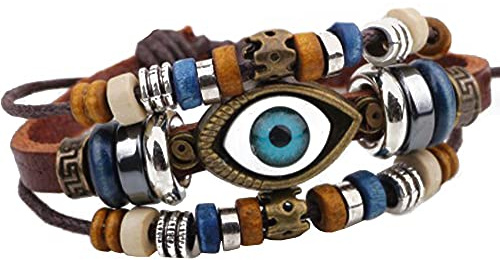 MiniJewelry Evil Eye Hamsa Fatima Beads Braided Leather Bracelet for Women Men Adjustable Wrap