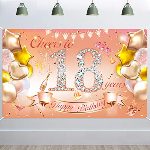 HOWAF Girl 18th Birthday Party Decoration Rose Gold, Fabric Backdrop Banner for Girl 18th Birthday Outdoor Garden Table Wall Decoration Supplies