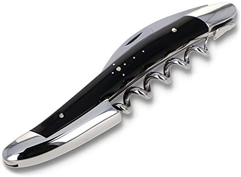 Forge de Laguiole Cubiertos de sommelier, mango de cuerno de búfalo negro, acero inoxidable brillante, cuchillo de camarero, abridor descorchador de vino Francia