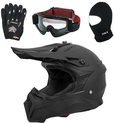 Zorax ZOR-X309 Matt Black L (59-60cm) Motocross Motorbike Helmet Dirt Bike Helmet & Gloves L(10cm) & Goggles & Balaclava