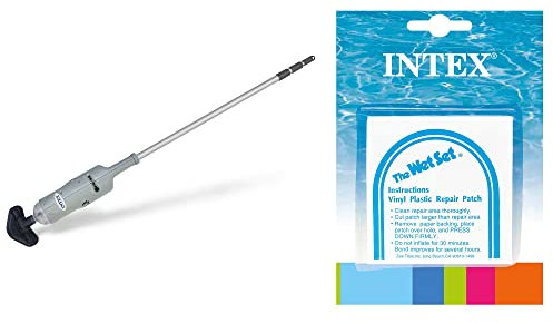 Intex Battery Operated Rechargeable Handheld Above Ground Swimming Pool Vacuum and Wet Set Adhesive Vinyl Tube Repair Patch 6 Pack Kit