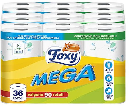 Foxy Mega | Carta igienica 36 rotoli| 480 strappi| Decorata |100% Energia elettrica rinnovabile| Confezione prodotta con plastica riciclata