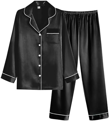 Ekouaer Women Satin Pajamas Set Classic Button Down Long Silk Pjs Set,Medium,Black