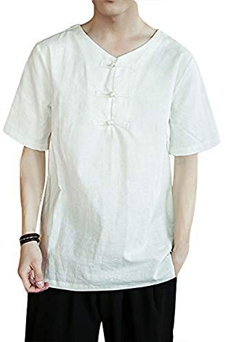 FGDIUCVN Kampfsportbekleidung Chinesischer Tang-Anzug Leinen-T-Shirt Traditionelles Herren-Kungfu-Kurzarm-Shirt,Weiß,XXXXL