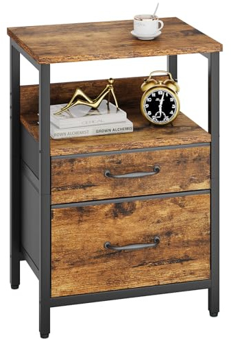 YMYNY Table de Chevet, Table d'appoint avec 2 tiroirs en Tissu et 2 Étagères, Table Bout de canapé, Table Basse, Style Moderne, Cadre en Métal, pour Chambre, Salon, Marron avec Grain de Bois HST011H