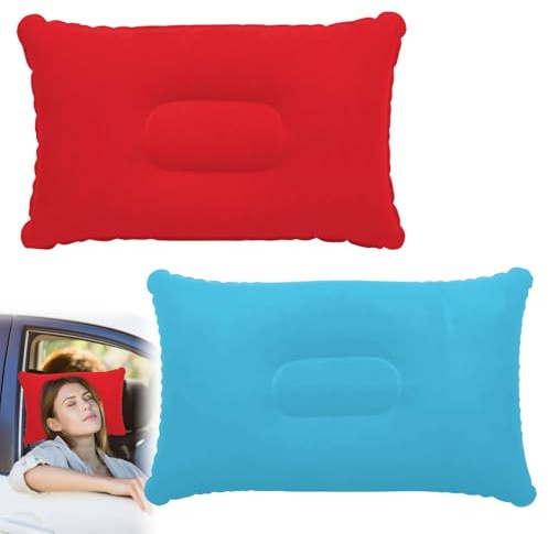 Cncedi Inflatable Pillows for Camping, 34 * 22cm Blow Up Pillow, Ultralight Compact Cushion Compressible Pillow for Travel Sunbathing Sun Lounger Airplane Outdoor (Rose Red & Sky Blue)