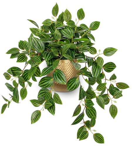 Oairs Fake Plants in Gold Metal Pots, Artificial Trailing Plants Potted | 41cm Faux Tradescantia Zebrina for Indoor Outdoor Home Office Bathroom Kitchen Shelf Desk Table Decoration