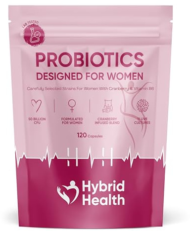 Hybrid Health Probiotics for Women Supplement - 50 Billion CFU Womens Probiotics, 120 Vegan Capsules, 11 Probiotic Researched Strains with Prebiotics, Cranberry Extract & Vitamin B6