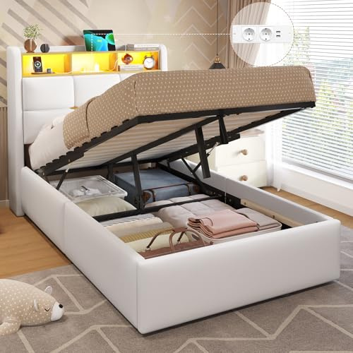 DICTAC Lit Coffre 90x190 avec éclairage LED et Prise Lit Enfant 1 Place 90x190 avec Rangement et Tete de Lits,Cadre de lit 90 x 190 avec Sommier à Lattes,Lits Rembourré en Lin,Blanc-sans Matelas