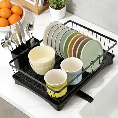 Cozary Scolapiatti da Lavello con Drenaggio, Scola Piatti da Appoggio Sopra Lavandino, Scolapiatti da Appoggio con Portaposate