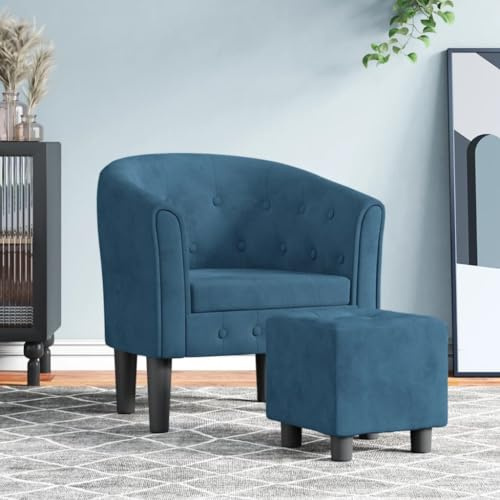 WEMYUFURN Poltrona da club moderna con poggiapiedi in velluto blu scuro per soggiorno e ufficio, comoda poltrona accentuata con robusta struttura in legno e imbottitura spessa, pratico sgabello