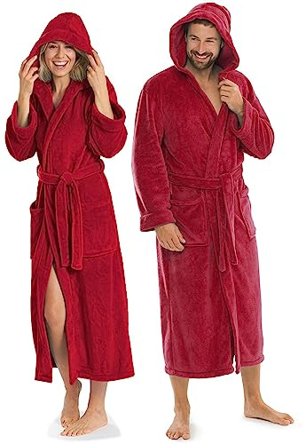 aqua-textil Malibu Accappatoio con Cappuccio A Tinta Unita Lungo Tasche Applicate Donna Uomo Unisex Microfibra Pile di Corallo S Rosso Bordeaux