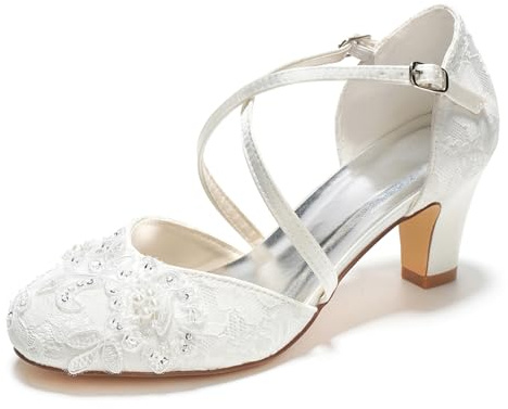 Emily Bridal 1505-13-1 bröllopsskor för kvinnor stängd tå 2,56 tum tjock häl spets satin pumpar med spets blomma paljett imitation pärla spänne brudskor