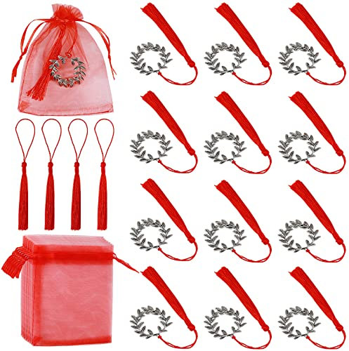 Annhao 36 pezzi Bomboniere Laurea Corona d'Alloro retrò portachiavi, sacchetti confetti rossi gadget, Sacchettini per Caramelle Gioielli Regalo, per Compleanno, Matrimoni, Feste