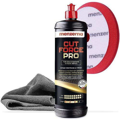 Menzerna Cut Force Pro Auto Politur Set 1000ml 3in1 |All in One Autopolitur zum Kratzer entfernen| Profi One Step Polierpaste Schleifpaste für alle Lackarten + Heavy Cut Polierpad + Poliertuch 380GSM