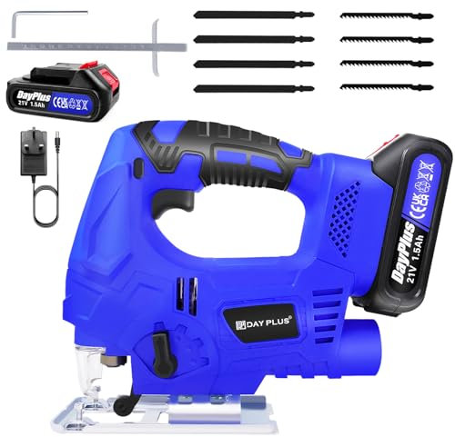 Cordless Jigsaw with Battery and Charger, Upgraded Brushless Motor, Electric Jigsaw 3000 SPM Quick Release with 8 Blades, 4 Orbital & ±45° Adjustable Bevel Cutting, Jig Saw Cordless for Wood Cutting