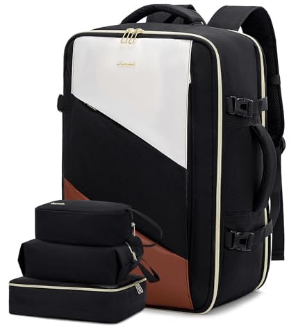 LOVEVOOK Rucksack Handgepäck Flugzeug, Reiserucksack Weekender Damen, Laptop Rucksack für 17,3 Zoll, Travel Backpack für Business Urlaub, Beige Braun Schwarz