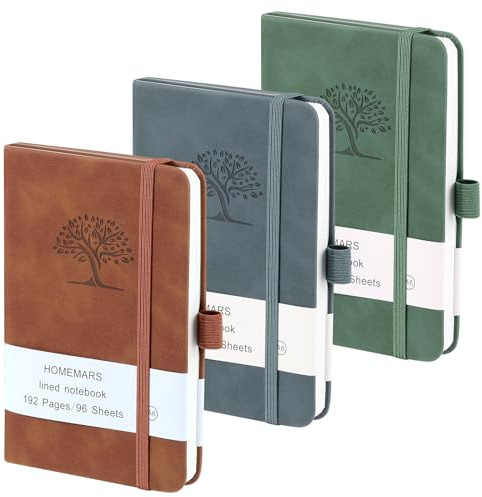 HOMEMARS Anteckningsbok a6, 3-pack dagbok, anteckningsbok, anteckningsbok, 14 cm x 9,6 cm, brun, grå, grön, 192 sidor, anteckningsbok, resedagbok, läderanteckningsbok, präglad trädritning