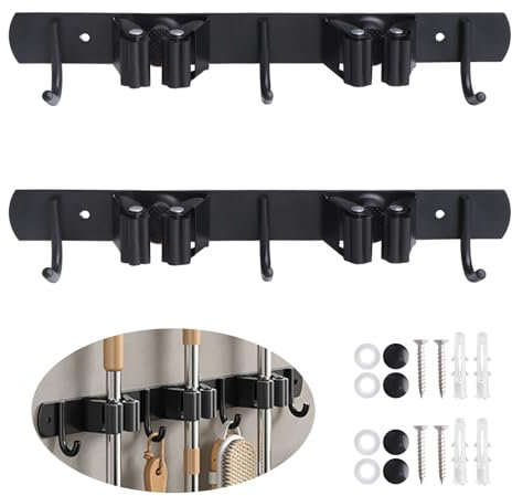 Svitzoot Besenhalterung wand selbstklebend 2 Halter + 3 Haken Gerätehalter Edelstahl Mop Halter Selbstklebend für Küche Garten Badezimmer Werkzeugorganisation 2 Stück Shcwarz