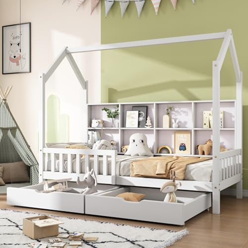 KOMHTOM 90x200cm Lit d'enfant Lit de Maison avec Clôture de Sécurité et 2 Tiroirs de Rangement, Cadre de lit avec Sommier à Lattes en Bois(sans Matelas) (D)