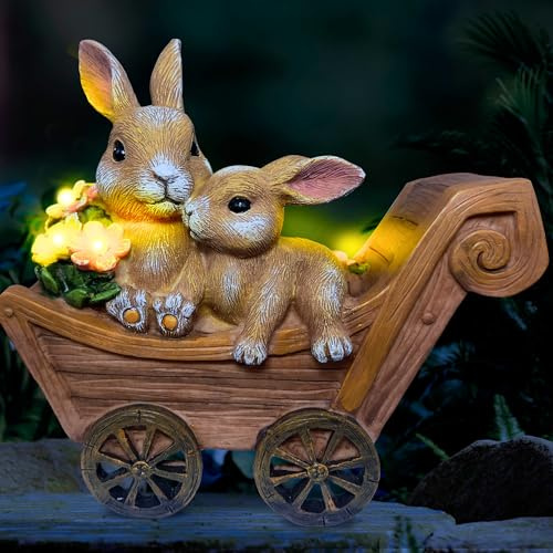 PRETMANNS Solar Garden Outdoor Statue Bunny Decor with Lights - Rabbit Lawn Ornament for Outside Yard Patio - Animal Figurines Gift for Mom Grandma - Waterproof Resin Garden Statues Outdoor – Large