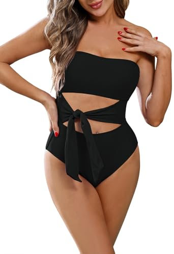 Pink Queen Damen Bandeau One Piece Badeanzug High Cut Bauchweg Abnehmbare Riemen Tie Waist Monokini Bademode Schwarz L