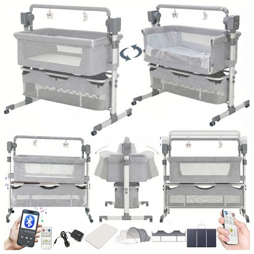 MoLi Beistellbett Baby mit Rollen, Convertible Faltbar Co-Sleeping Babybett, Stubenwagen Baby Kleinkind Wiege mit Musik, Fernbedienung und 5-schwankende Zahnräder (601 Mid Grey)