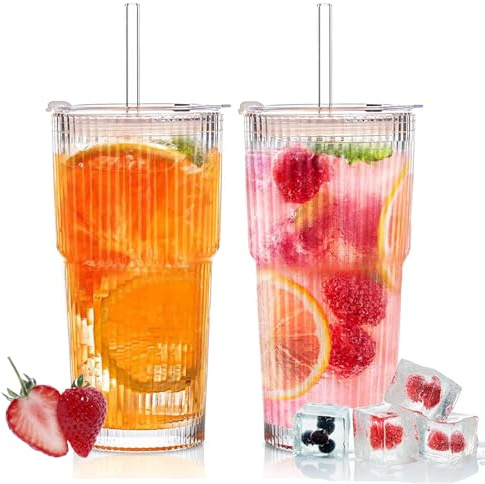 Rliocvhe 2 Pezzi 600ml Bicchieri da Acqua con Coperchio e Cannuccia,Tazza da Caffè Ghiacciata,Vetro Bicchiere per Smoothie,Tazza da Succhi Trasparente, per Latte, Acqua, Succo, Tè