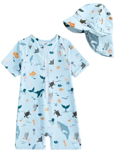 WYTbaby Maillot de bain pour bébé - Vêtement UV - Une pièce - Manches courtes - Protection UV - Pour bébé garçon - Avec chapeau de soleil, bleu clair, 1-2 ans