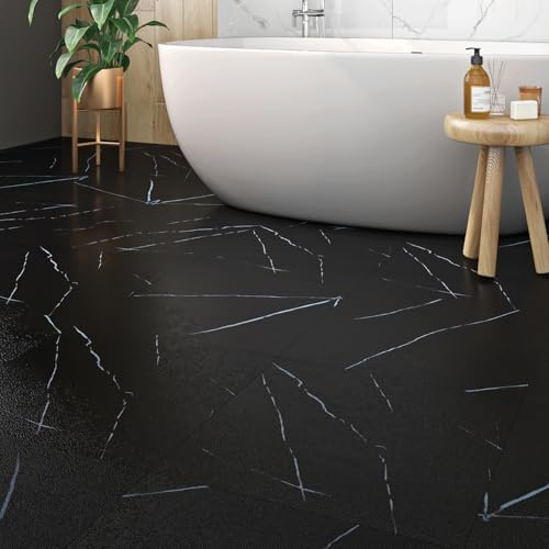 ReWallpaper 30 Baldosas Vinilo Suelo Autoadhesivo Mate 30cmx30cm Suelo Adhesivo para Baño Marmol Negro Piso Vinilico Adhesivo para Salon Habitación Revestimiento PVC Decorativas Suelos
