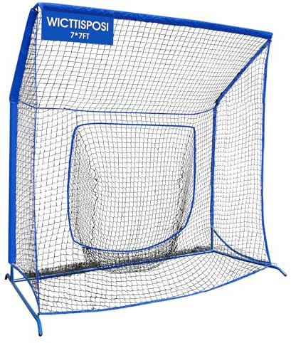 Baseball Softball Net with Blocking System, 7x7FT Practice Cage for Batting/Pitching/Fielding, Metal Frame with Elevated Base and Storage Bag for Backyard Outdoor Indoor