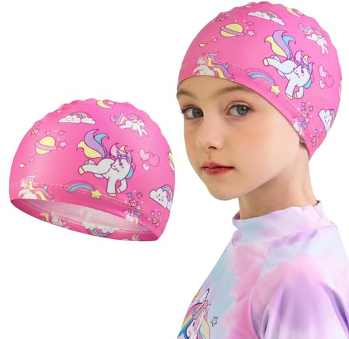Bonnet de Bain Enfant en Tissu, Bonnet Piscine Enfant pour Fille et Garçon,de Natation Confortable Motif Licorne Arc-en-Ciel, Accessoire de Natation Souple pour Bébé et
