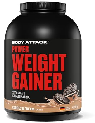 Body Attack Weight Gainer - Cookies N Cream - 4,75 kg - Dein Mass Gainer für Masseaufbau & Muskelaufbau - Mit Whey Protein, BCAA und Kohlenhydraten - Dein fettarmer Masse Shake