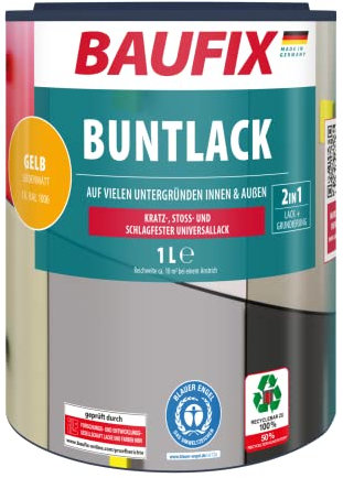 BAUFIX PEINTURE COULEUR 2en1 - Jaune env. RAL 1006-1 litre - Pour l’intérieur & l’extérieur - Pour bois, zinc, fer, maçonnerie, béton, plaques en Eternit etc. - Séchage rapide