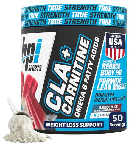 BPI Sports CLA + Carnitine Powder – Non Stimulant Fat Burner for Weight Loss, Metabolism & Lean Muscle – Caffeine Free – Rainbow Ice – 50 Servings – 12.34 oz