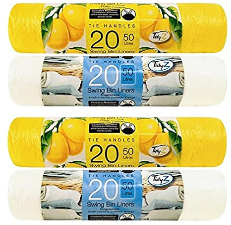 Tidyz 2 (80 Liners) X Strong Tie Handles 50 Litres Fragranced Swing Bin Liners Drawstring Refuse Sacks Bags - 40 Citrus Lemon & 40 Fresh Linen Summer Breeze Ideal For Kitchen, bedroom, bathroom etc