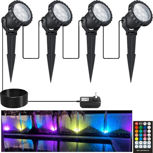 COVOART Spotlights Outdoor, RGB Color Changing Landscape Lights 12W 800lm 120V Plug in LED Spot Lights with Remote, IP66 Waterproof Outdoor Lights for Tree Yard House Flag Garden, 46.5ft Cord, 4 Pack
