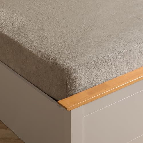 Brentfords Teddy Fleece Fitted Bed Sheet Thermal Warm Soft Luxury Cosy Bedding, Plain Latte Taupe - Double