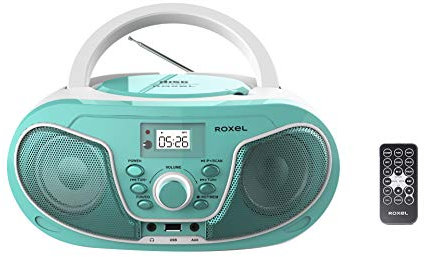 Roxel RCD-S70BT Portable Boombox CD Player with Remote Control, FM Radio, USB MP3 Playback, 3.5mm AUX Input, Headphone Jack, LED Display Wireless Music Streaming(Teal)
