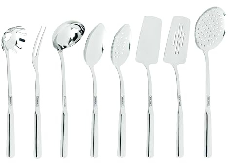 Viking Kitchen Utensils Set, 8 Piece Stainless Steel Cooking Utensil Set, Includes Spatulas, Spoons, Pasta Fork, Deep Ladle, Meat Fork, and Skimmer, Silver