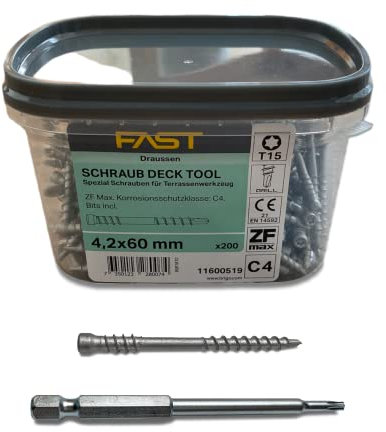 FAST deck-tool™ I Terrassenschrauben 4,8 x 60 mm I legierter Stahl Güteklasse C4 I 200 Stück inkl. speziellem FAST Bit