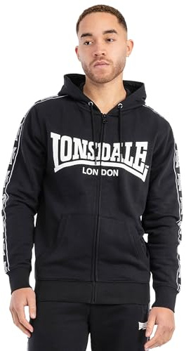 Lonsdale sweatjacka med huva för män med dragkedja, normal passform, BIGTON, svart/vit, L, 117558