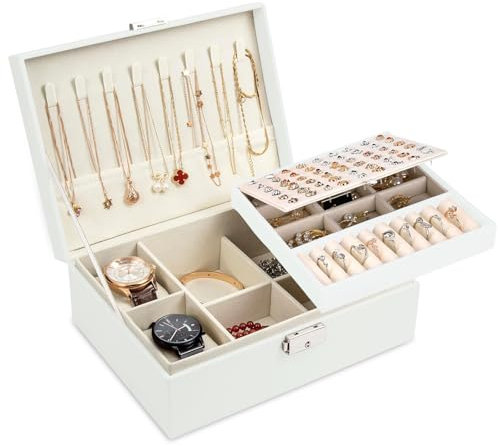 Moseem Jewellery Box Organiser for Women Girls,2-Layer Large Jewellery Organiser Box with 2 Watch Pillows,Removable Tray,PU Leather Jewellery Boxes for Earrings Rings Necklaces Watches Bracelets,White