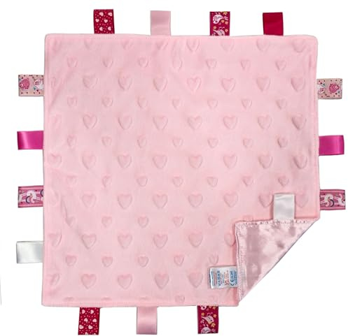 Soft Touch Taggie Dimple Comforter Baby Comfort Blanket with Sensory Tags and Bubble/Heart/Star/Foil Print Pattern (Dimple) (Pink, 35cm x 35cm)