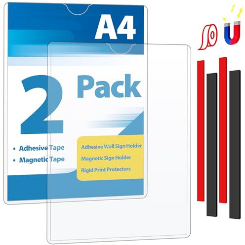 VAIIGO 2 Pcs Cadre Magnétique Auto-adhésif A4, Cadre d'information Avec bande adhésive et magnétique, Informations sur le Cadre, Affichage Étanche, Couvertures pour Signe, Photos, Document