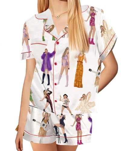 Nhemeylp Ensemble de pyjama pour femme Concert Lounge Sets Manches courtes Vêtements de nuit Vêtements de détente Boutons Chemise de nuit Pyjamas doux Ensembles de tenues pour amoureux de la musique