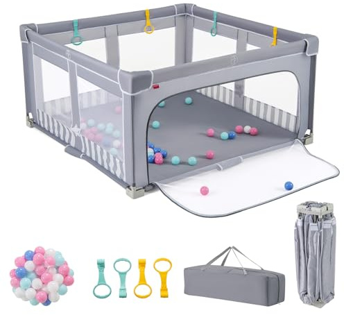 LIFEZEAL Parque Infantil Plegable para Bebés 150cm, Área de Juego Segura con Tela Oxford y Malla Transpirable, Parque de Actividades Portátil con Bolsa de Transporte para Niños de 0 a 3 Años (Azul)