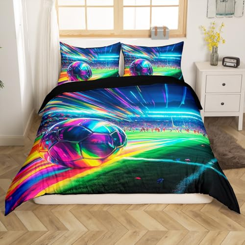 Loussiesd Set di biancheria da letto con copripiumino per ragazzi, motivo calcio arcobaleno, per letto singolo, decorazione per camera da letto per bambini e ragazzi, tema sport calcistico,