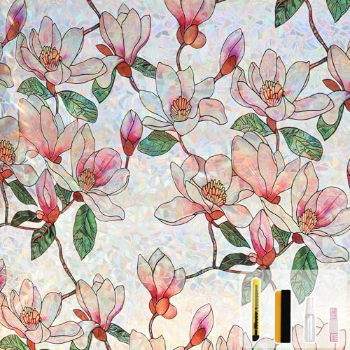 Kromapolis Window Privacy Film, Stained Glass Sticker Floral Window Clings, Decorative Static Clings UV Blocking Colorful Decals, Removable Vinyl Covering Rainbow Magnolia Flowers, 17.5'' x 78.7''